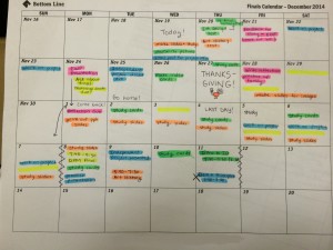 A color-coded finals prep calendar